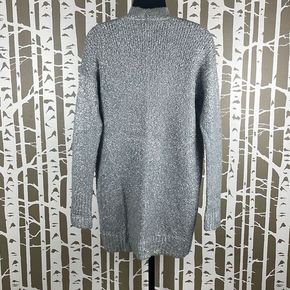 Silver Metallic Painted Wool Blend Longline Open Front Cardigan Sweater S - Picture 4 of 8
